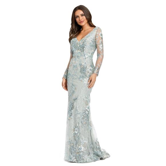Mac Duggal Floral Embellished V-Neck Illusion Long Sleeve Gown 67539 Seamist 18 - Picture 1 of 16